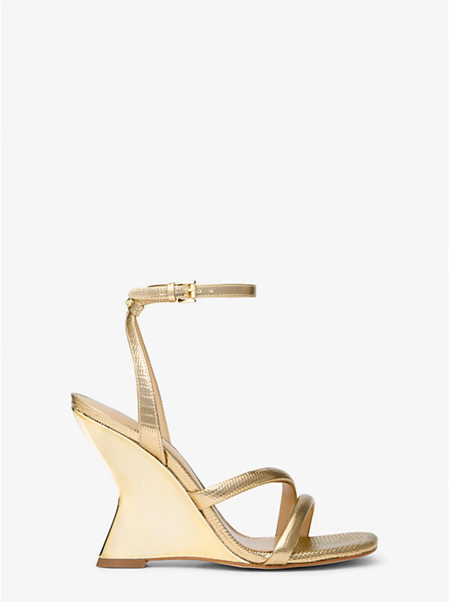 Michael Kors Women's Nadina Metallic Lizard Embossed Leather Wedge Sandals