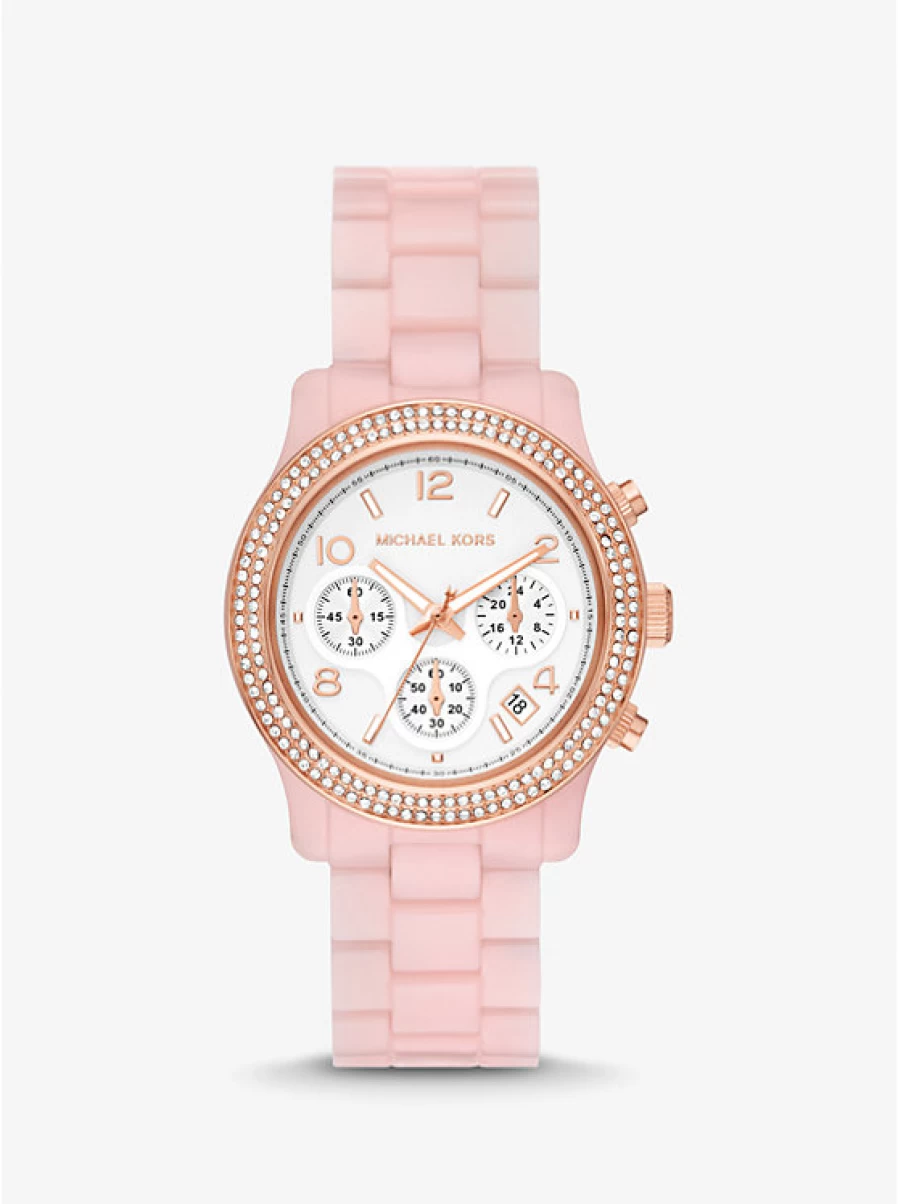 Michael Kors Women's Runway Rose Gold-Tone Watch with Paving Stone Accents and Sugared Pink Acetate Bracelet