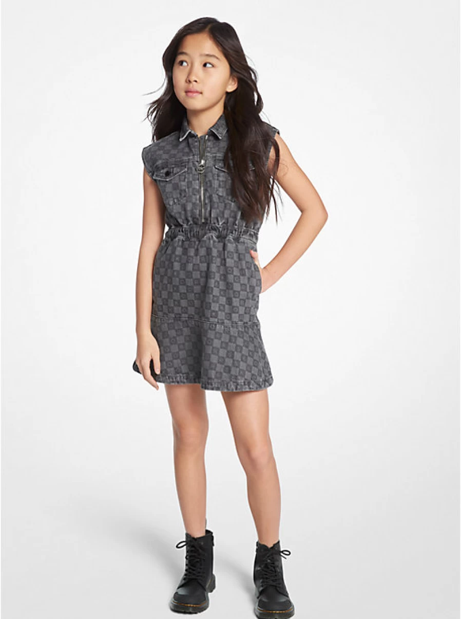 Michael Kors Children's Little Twill Dress with Checkerboard Pattern and Logo Design