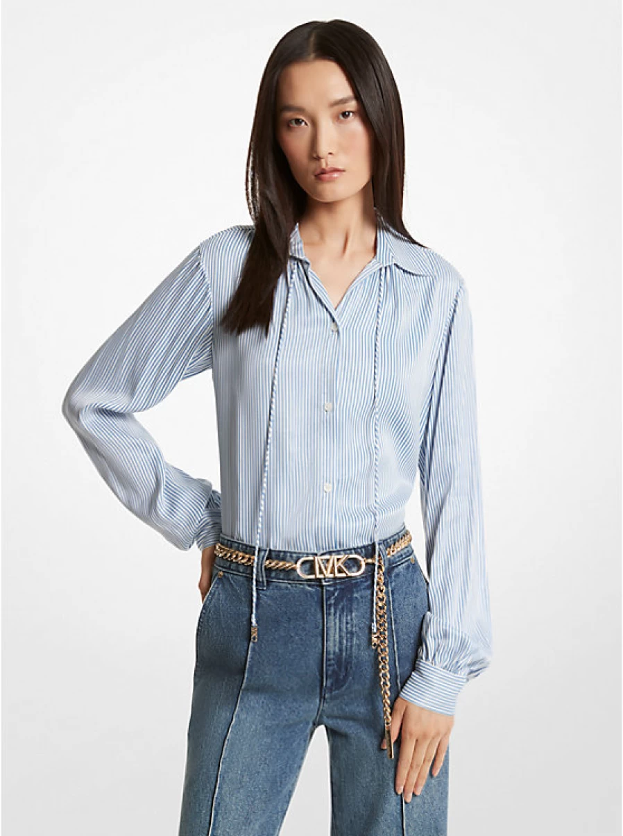 Michael Kors Women's Satin Blouse with Fine Stripes - Elegant Striped Shirt for Women