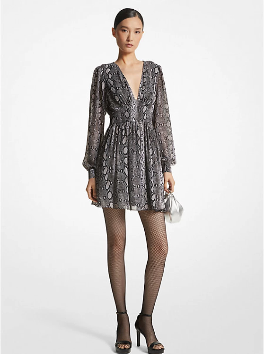 Michael Kors Women's Printed Georgette Dress with V-Neck & Snake Pattern