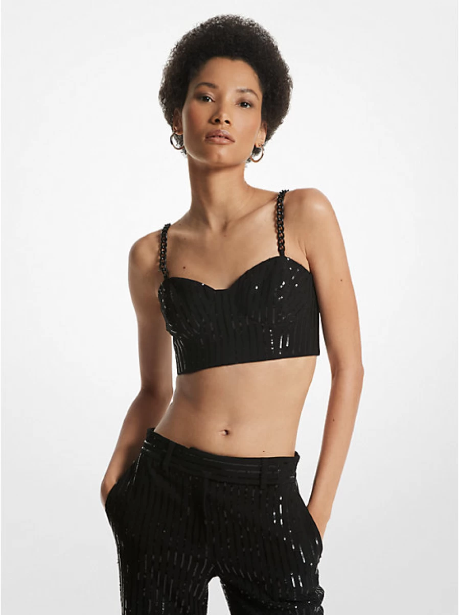 Michael Kors Women's Glittery Striped Crepe Bustier Top with Ruffles