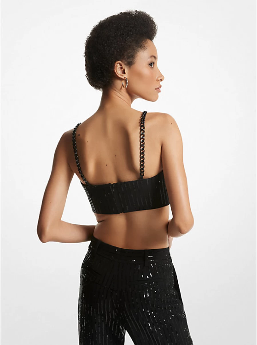 Michael Kors Women's Glittery Striped Crepe Bustier Top with Ruffles