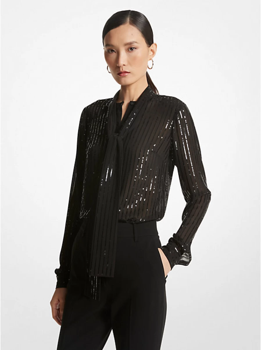 Michael Kors Women's Georgette Blouse with Fine Stripes, Sequins, and Collar Tie Detail