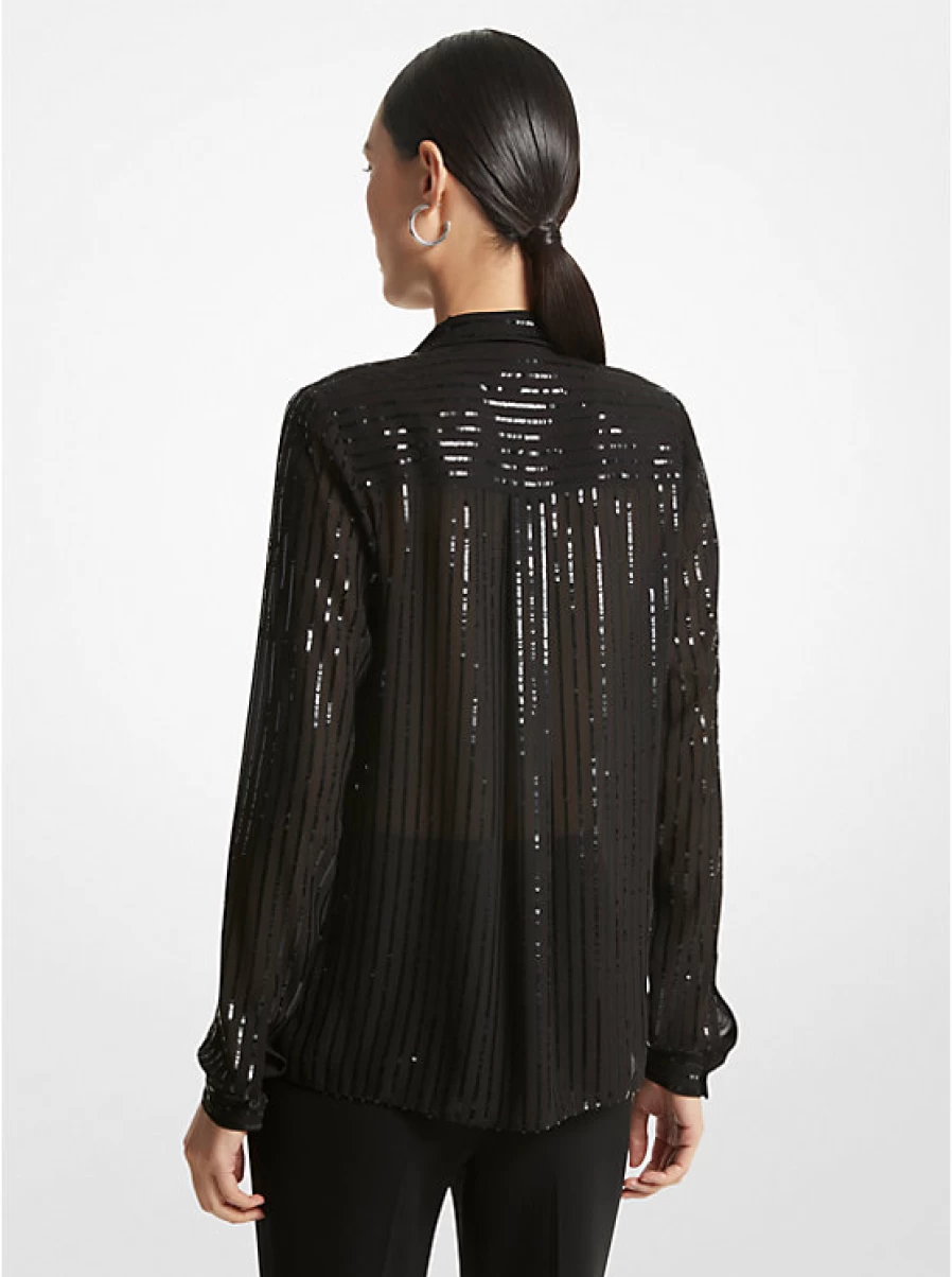 Michael Kors Women's Georgette Blouse with Fine Stripes, Sequins, and Collar Tie Detail