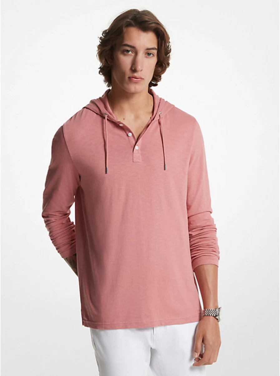 Michael Kors Men's Slub Cotton Sweater Hoodie with Buttoned Neckline