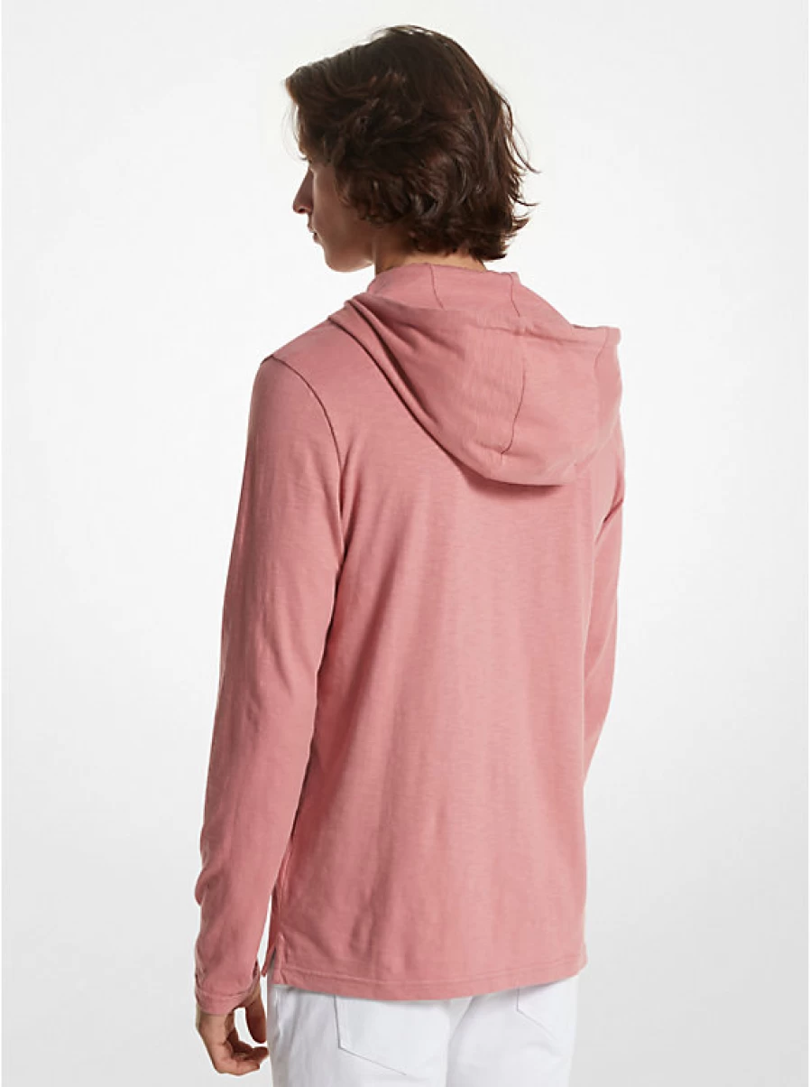 Michael Kors Men's Slub Cotton Sweater Hoodie with Buttoned Neckline