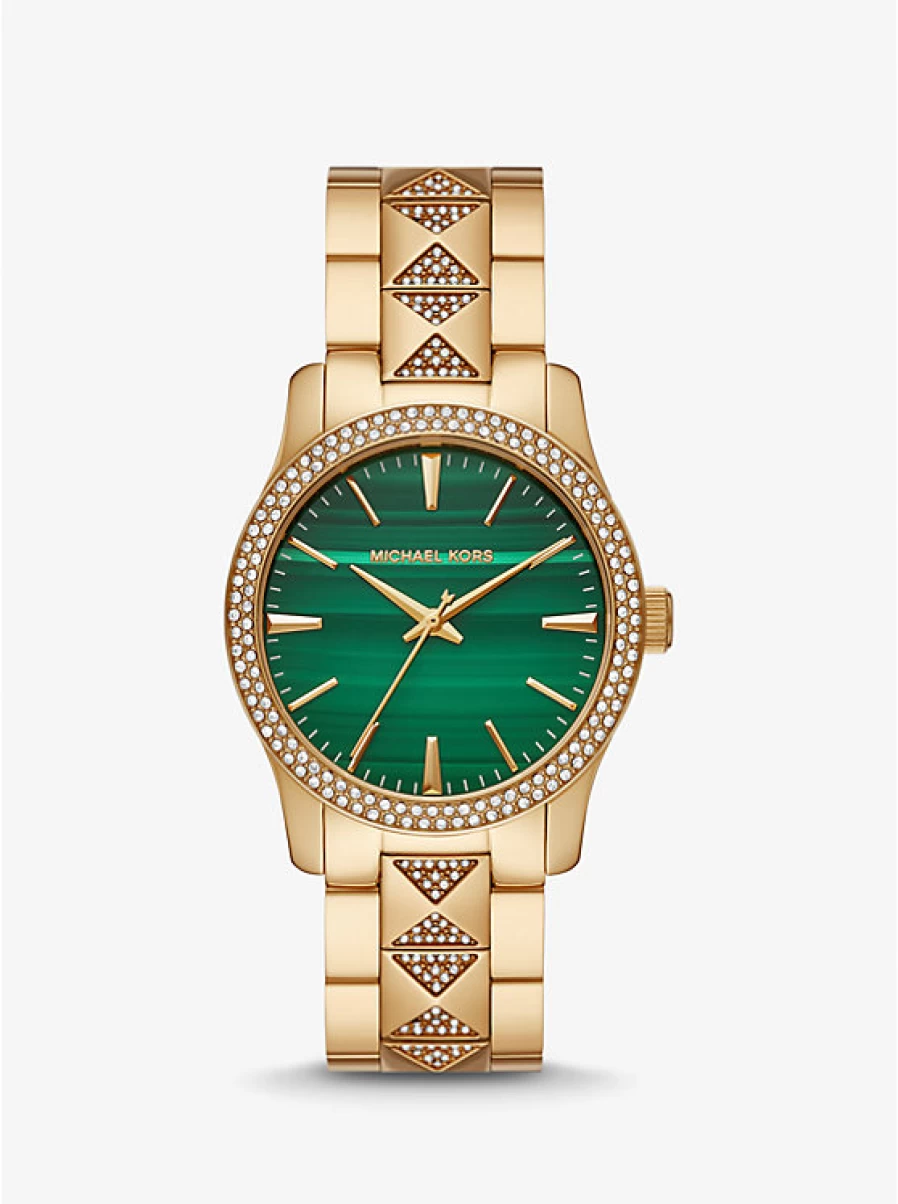 Michael Kors Women's Runway Gold-Tone Watch with Paving Stone Accents and Malachite Dial