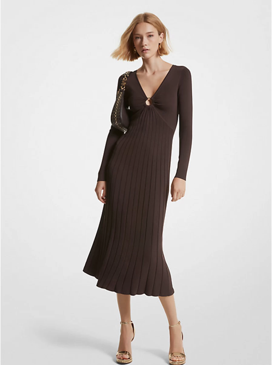 Michael Kors Women's Ribbed Knit Midi Dress with Extendable Ring Detail