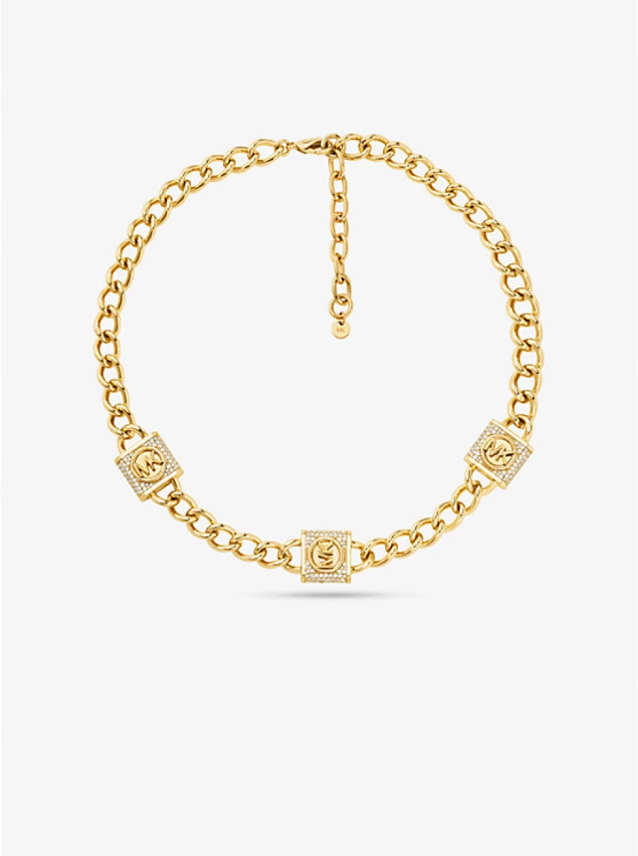 Michael Kors Women's Brass Necklace - Gold Plated Padlock Trio Pendant with Pavé Stone Accents