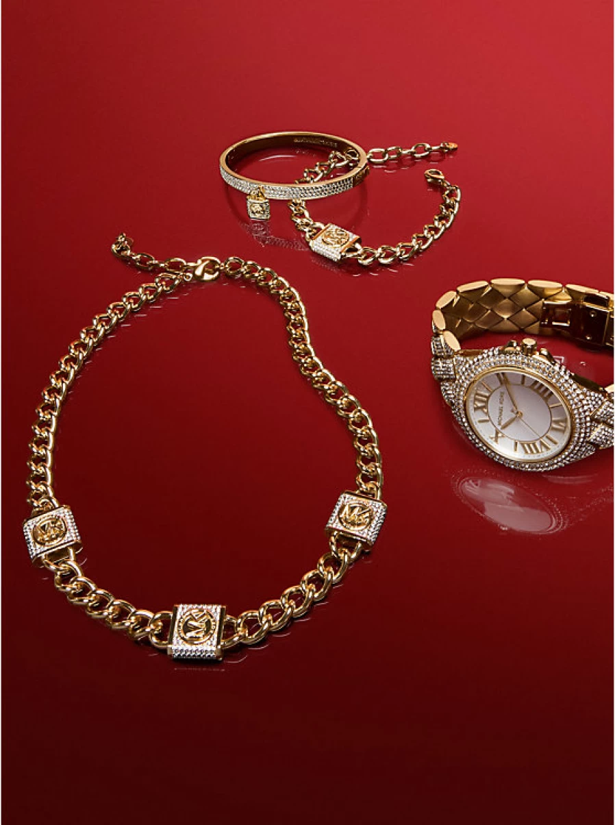 Michael Kors Women's Brass Necklace - Gold Plated Padlock Trio Pendant with Pavé Stone Accents