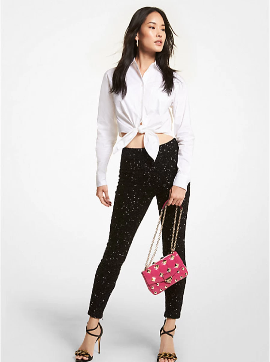 Michael Kors Women's Stretch Mesh Glitter Leggings - High Waisted Yoga Pants with Sparkle Detail