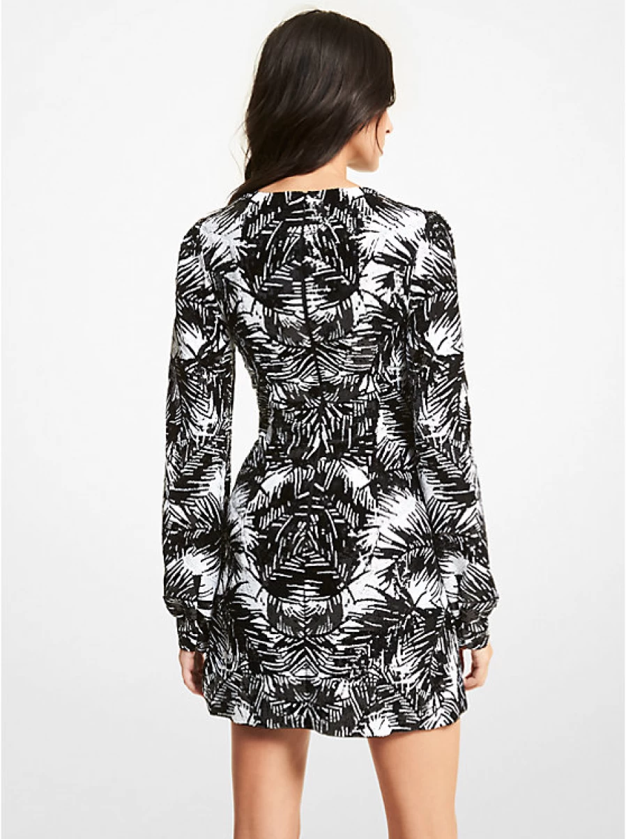 Michael Kors Women's Lace-Up Tulle Mini Dress with Palm Tree Print and Glitter Detail
