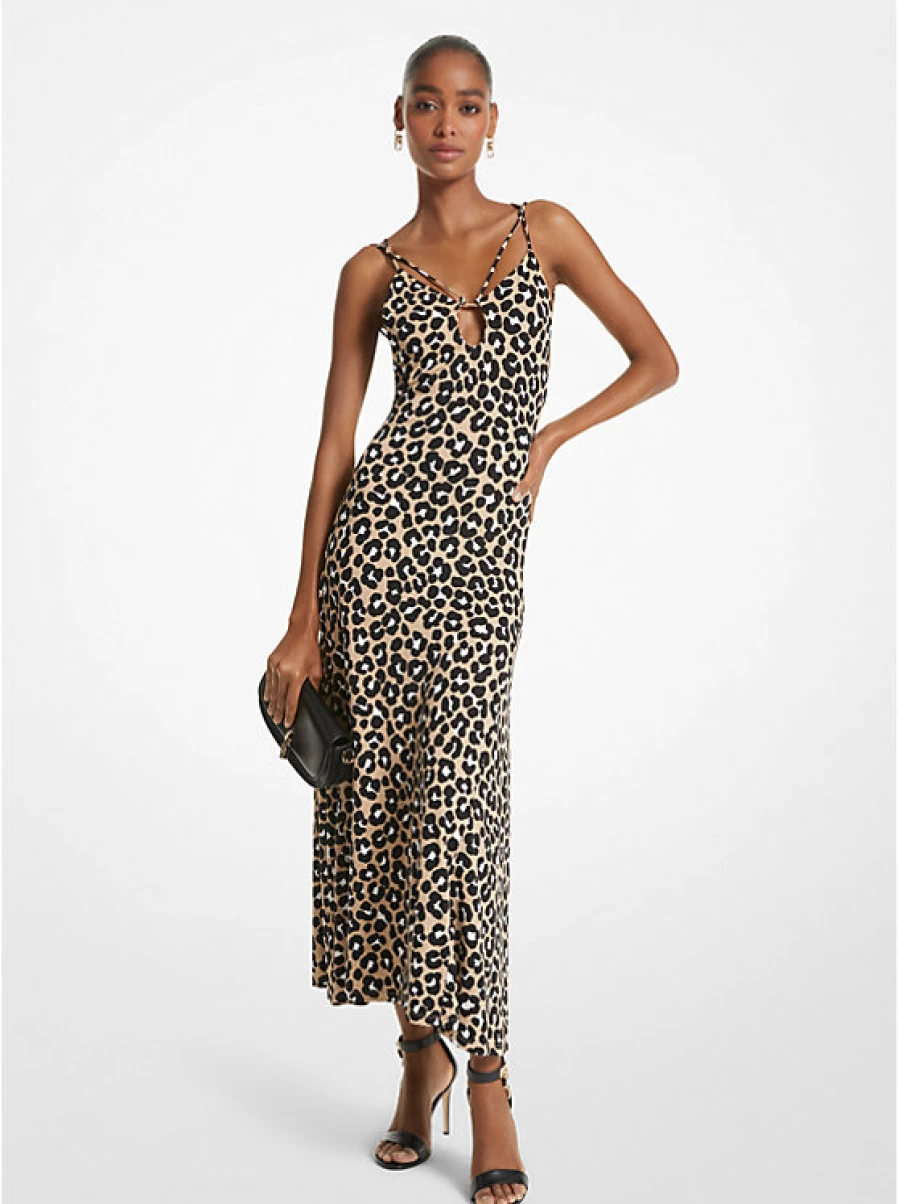 Michael Kors Women's Leopard Print Babydoll Dress with Cut-Out Detail in Matte Jersey