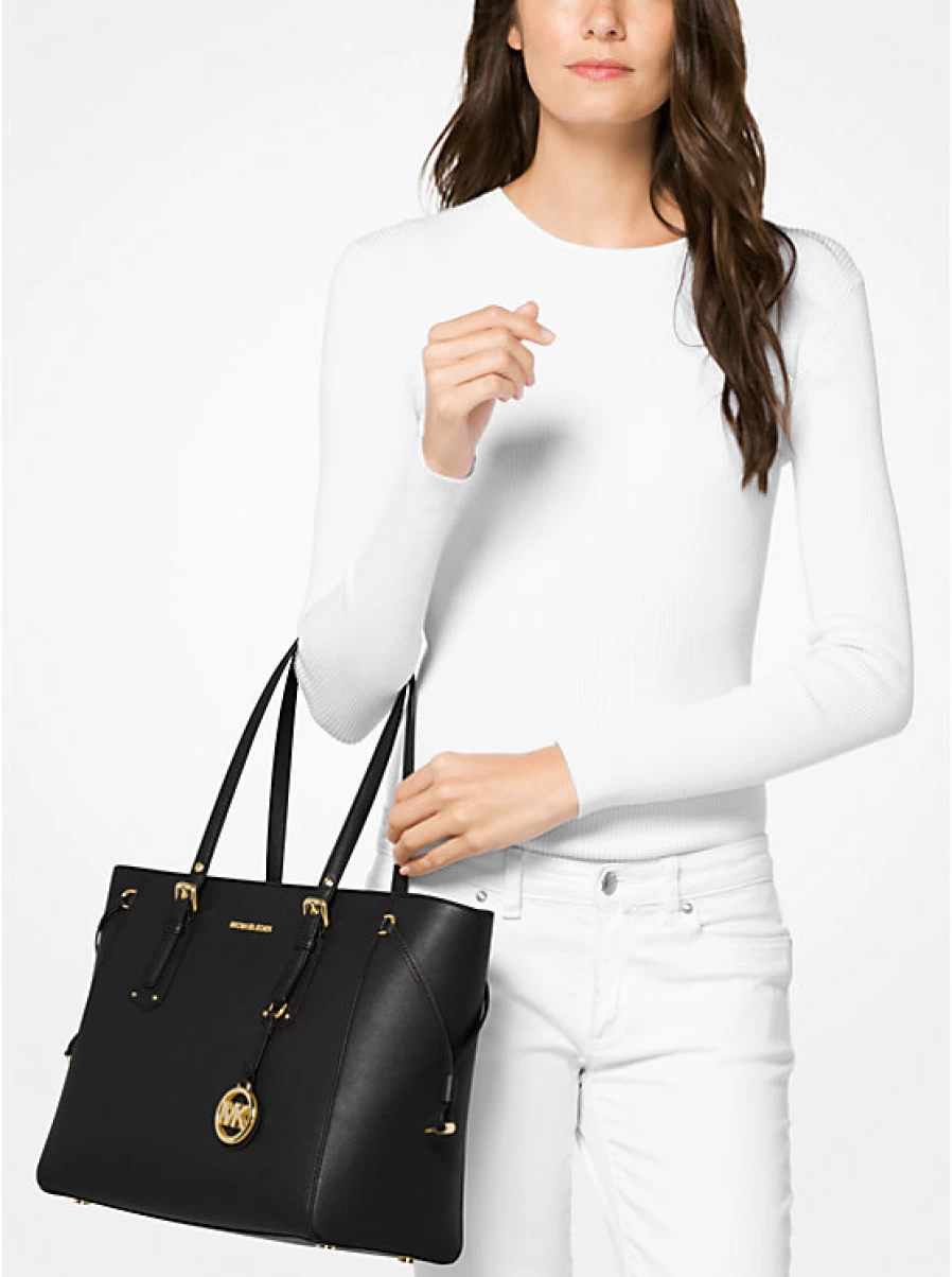Michael Kors Voyager Medium Leather Tote Bag for Women - Cross Grain Design, Stylish Handbag