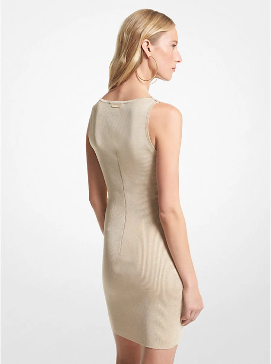 Michael Kors Women's Stretch Ribbed Knit Tank Dress with Metallic Detail - Sleek Bodycon Mini Dress