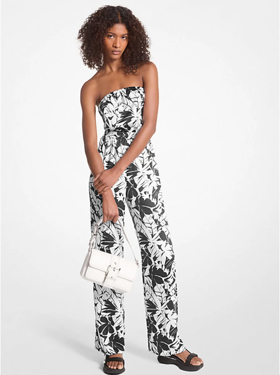 Michael Kors Women's Satin Jumpsuit with Palm Tree Print - Front & Back Tie Detail