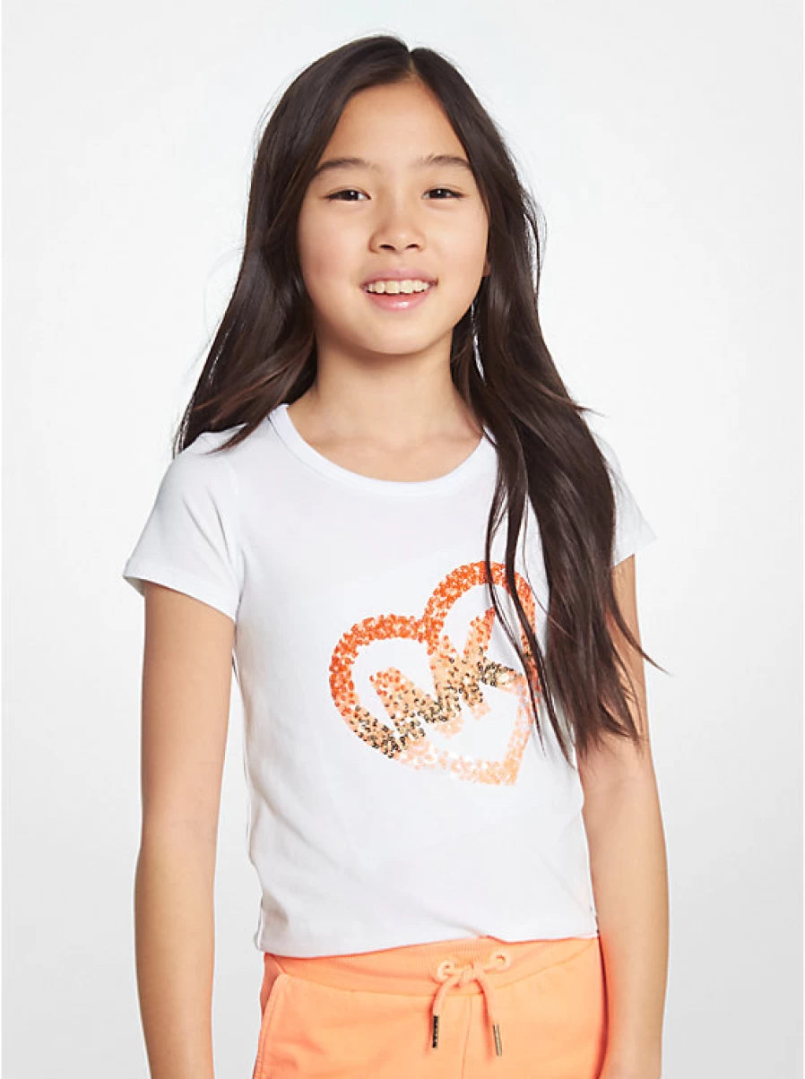 Michael Kors Kids' Stretch Cotton T-Shirt with Glitter Heart-Shaped Logo