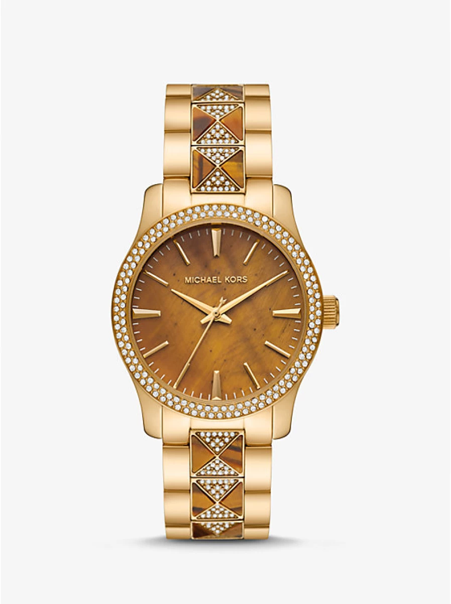 Michael Kors Women's Runway Gold-Tone Watch with Paving Stone Accents and Tiger Eye Dial