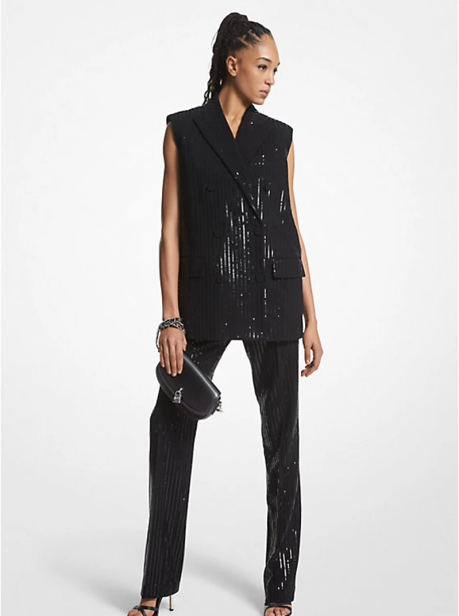 Michael Kors Women's Sleeveless Blazer with Glittery Stripes - Elegant Crepe Fabric Formal Wear