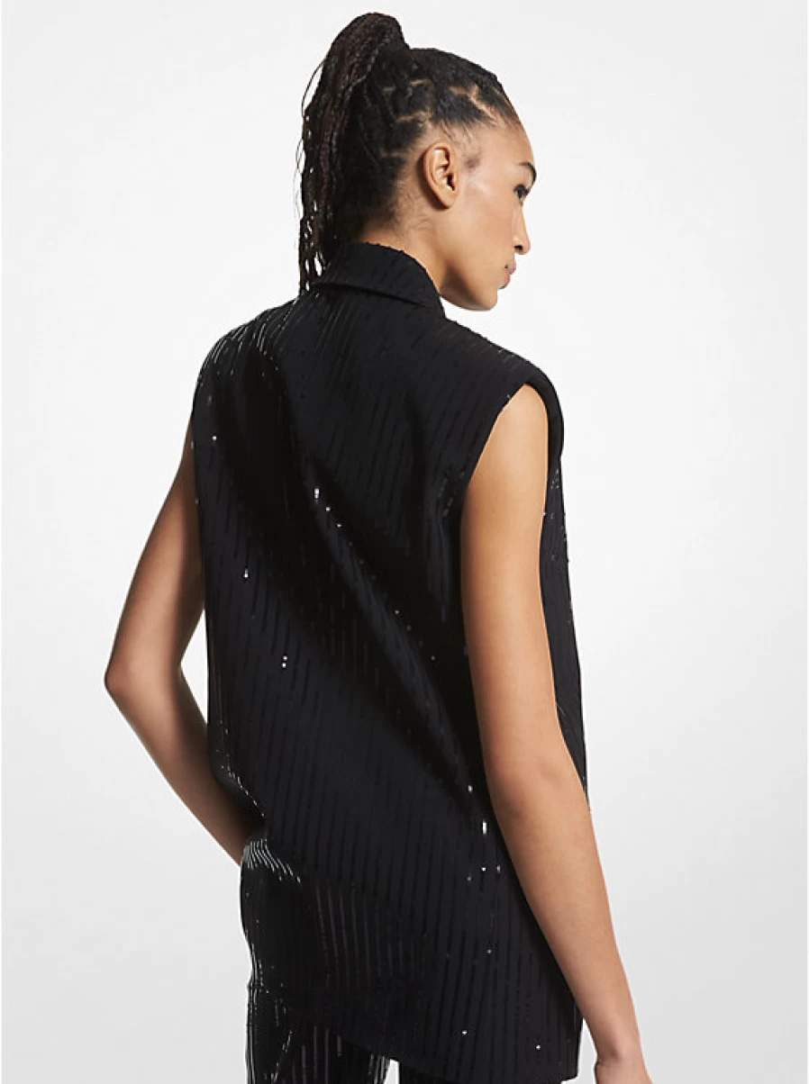 Michael Kors Women's Sleeveless Blazer with Glittery Stripes - Elegant Crepe Fabric Formal Wear