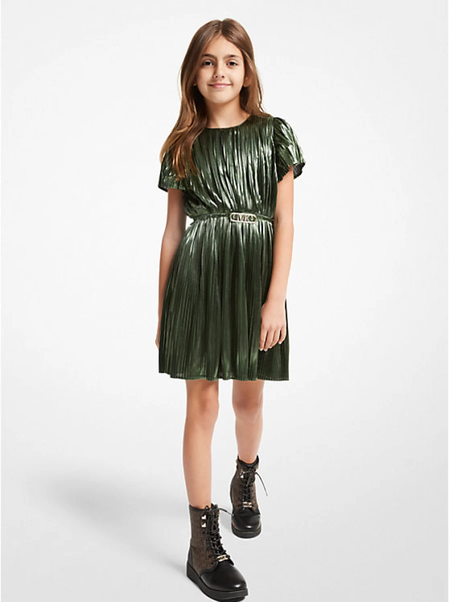Michael Kors Girls' Pleated Dress with Belt - Lame Style for Children