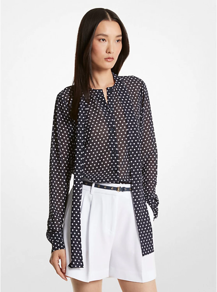 Michael Kors Women's Floral Print Georgette Crepe Blouse with Tie Collar
