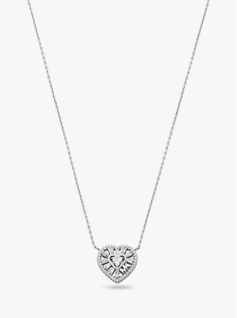 Michael Kors Women's Sterling Silver Necklace with Heart & Soul Paving Stones, Precious Metal Plated