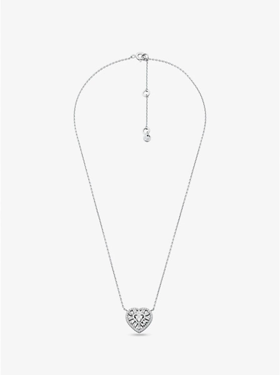 Michael Kors Women's Sterling Silver Necklace with Heart & Soul Paving Stones, Precious Metal Plated