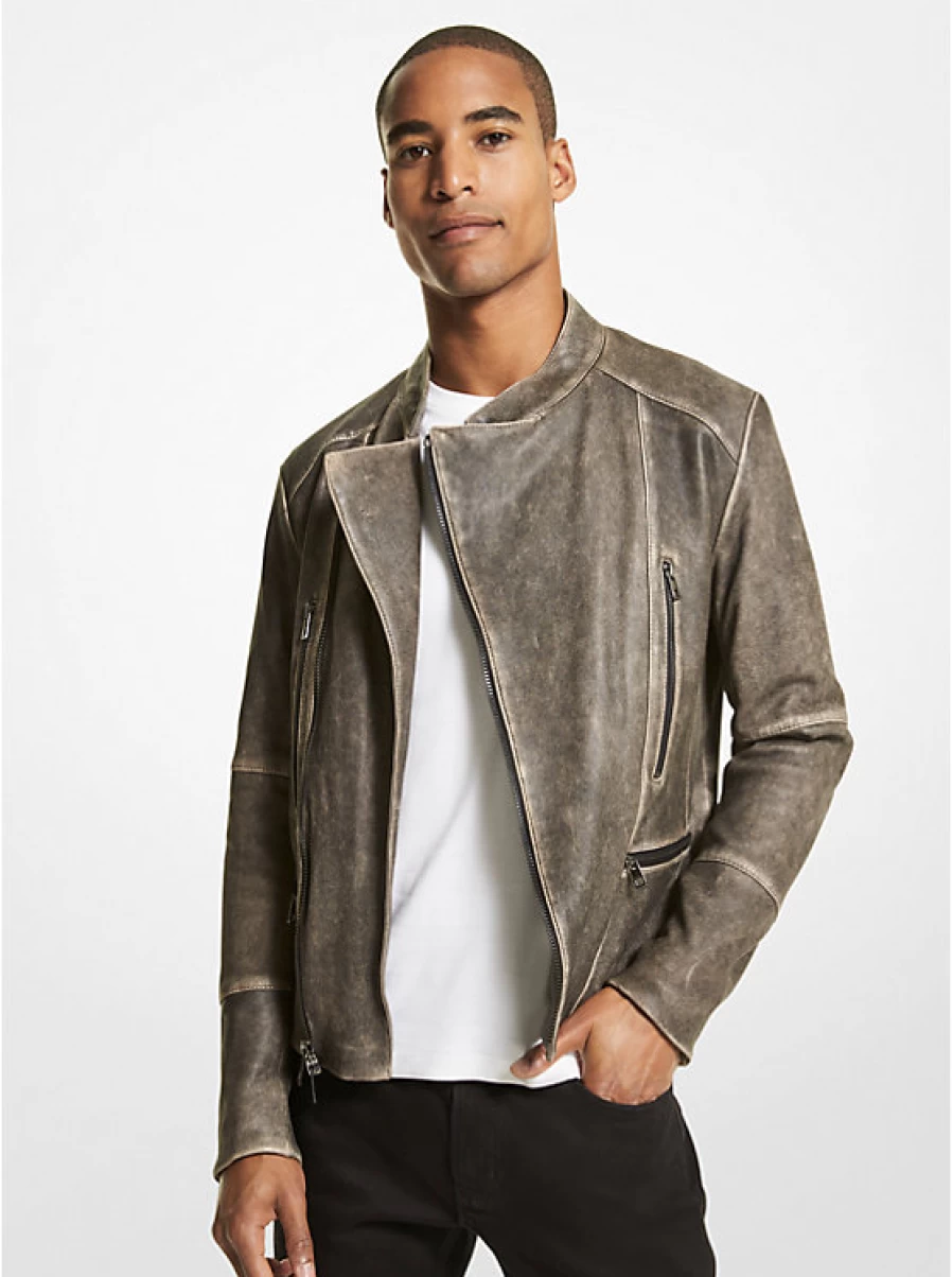 Michael Kors Men's Vintage Washed Leather Biker Jacket for Racing & Casual Wear