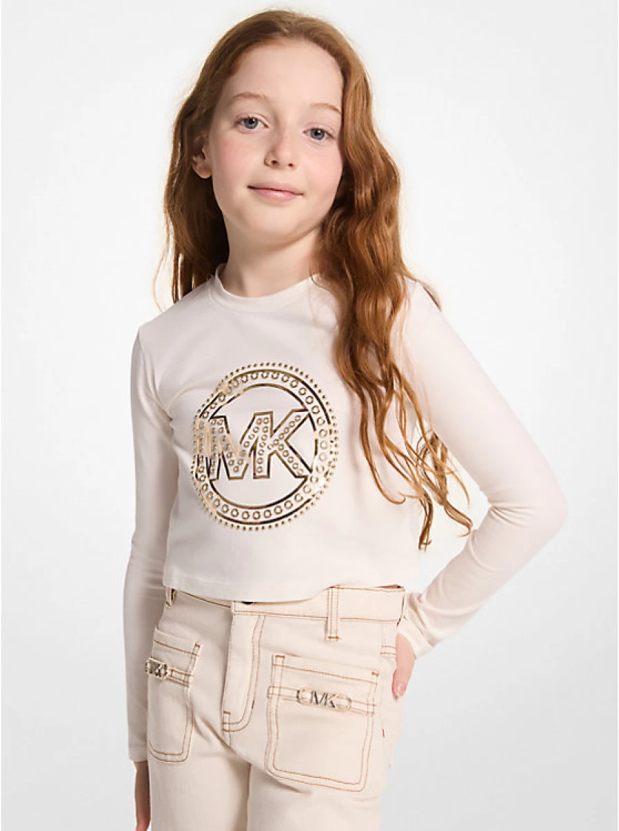 Michael Kors Kids' Stretch Cotton T-Shirt with Embroidered Logo & Button Details