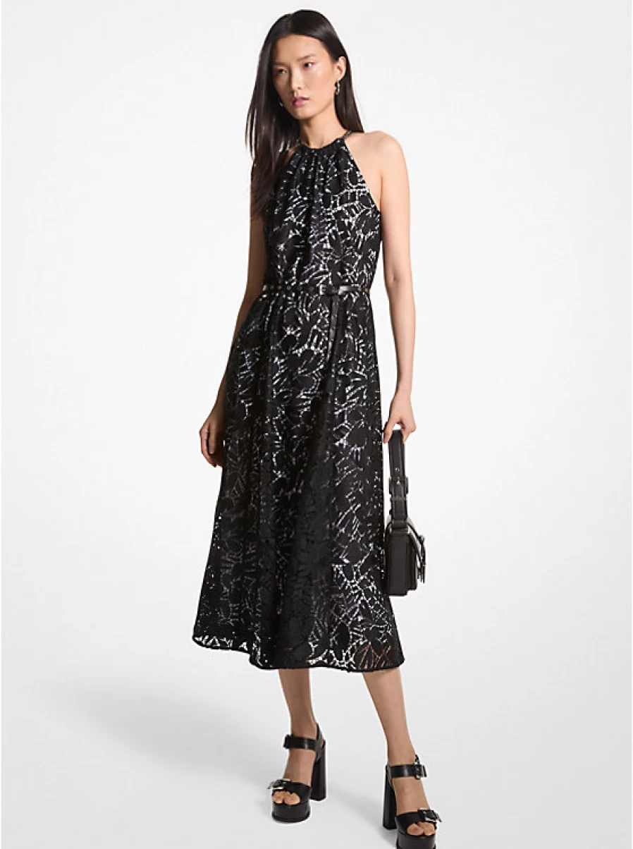 Michael Kors Women's Lace Palm Tree Pattern Open Back Dress with Belt