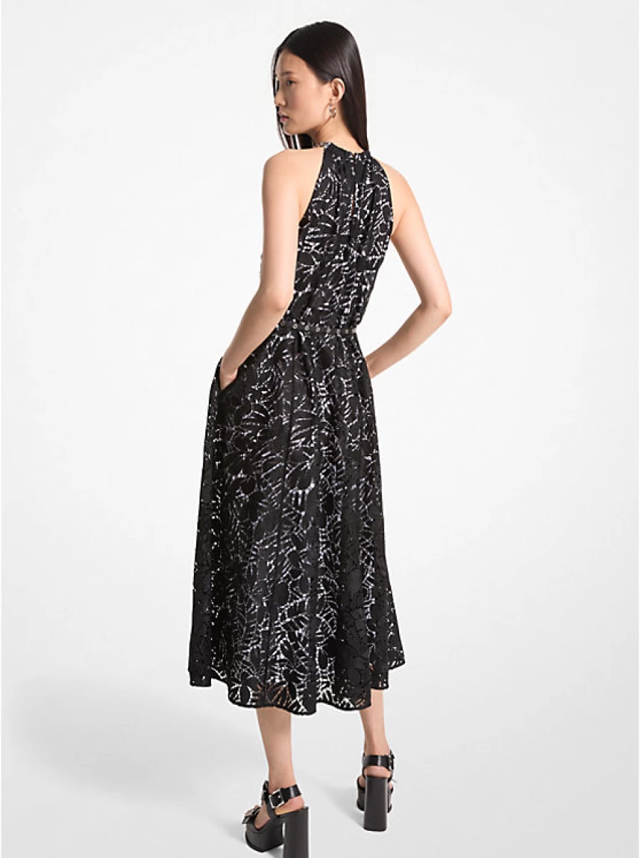 Michael Kors Women's Lace Palm Tree Pattern Open Back Dress with Belt