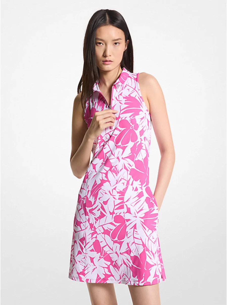 Michael Kors Women's Stretch Knit Golf Polo Dress with Zipper Detail and Palm Tree Print