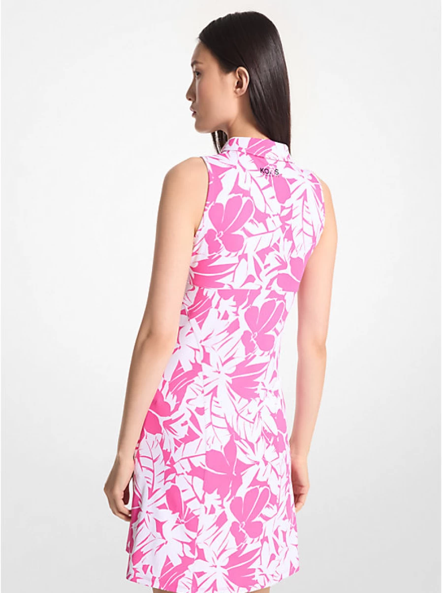 Michael Kors Women's Stretch Knit Golf Polo Dress with Zipper Detail and Palm Tree Print