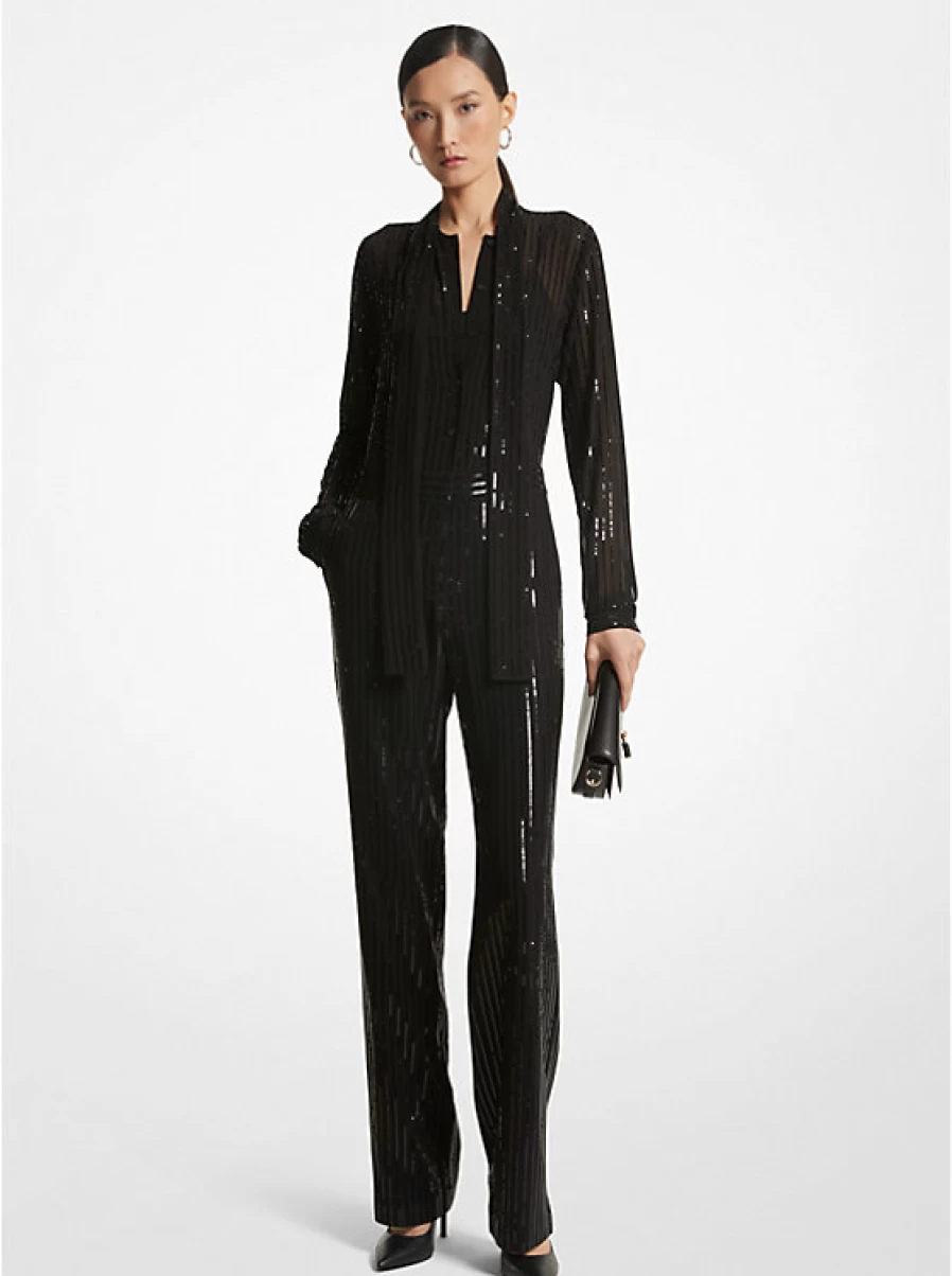 Michael Kors Women's Glittery Striped Long-Sleeve Georgette Crepe Jumpsuit