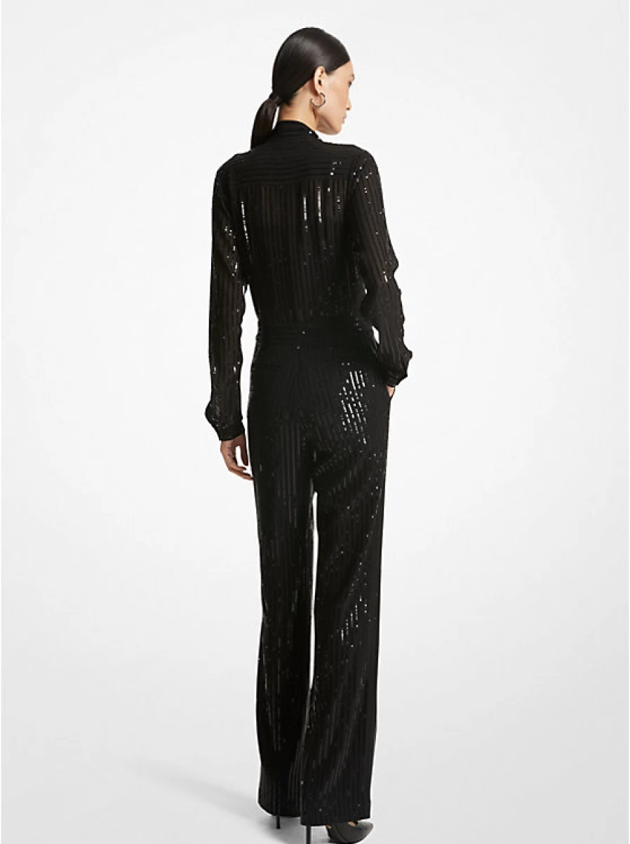 Michael Kors Women's Glittery Striped Long-Sleeve Georgette Crepe Jumpsuit