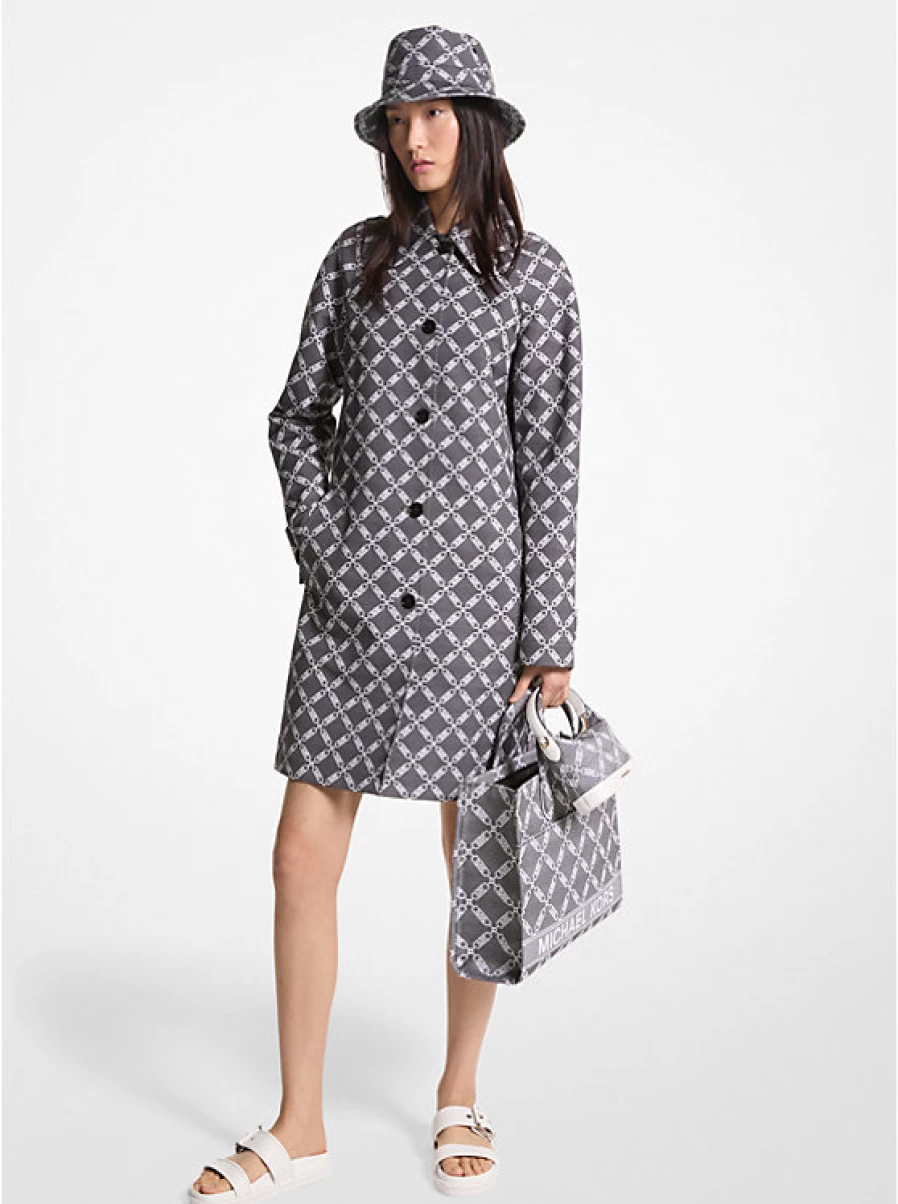 Michael Kors Women's Balmacaan Jacquard Coat with Empire Logo - Classic Trench Style Outerwear