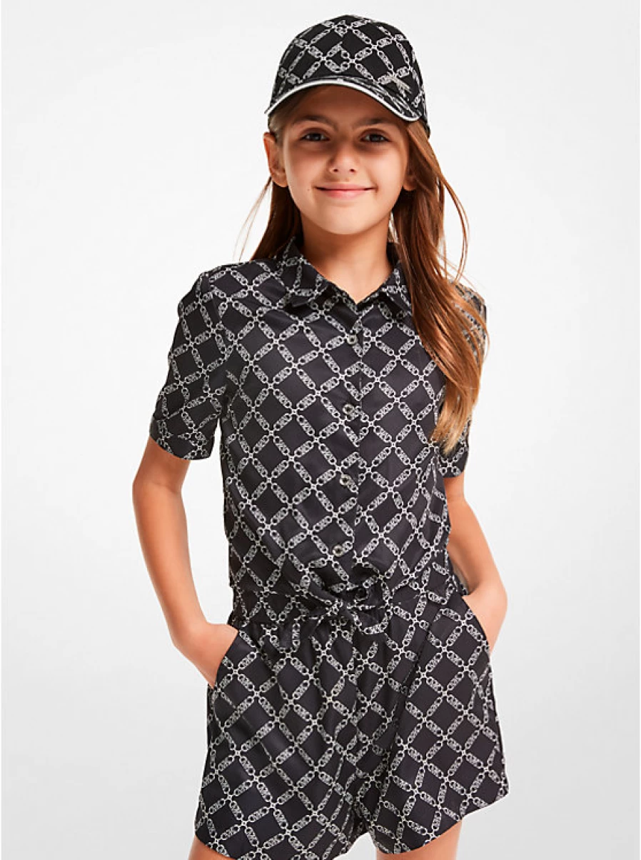 Michael Kors Children's Printed Woven Blouse with Empire Logo and Front Bow Detail