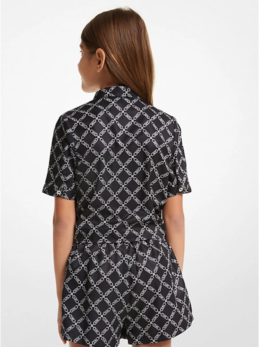 Michael Kors Children's Printed Woven Blouse with Empire Logo and Front Bow Detail