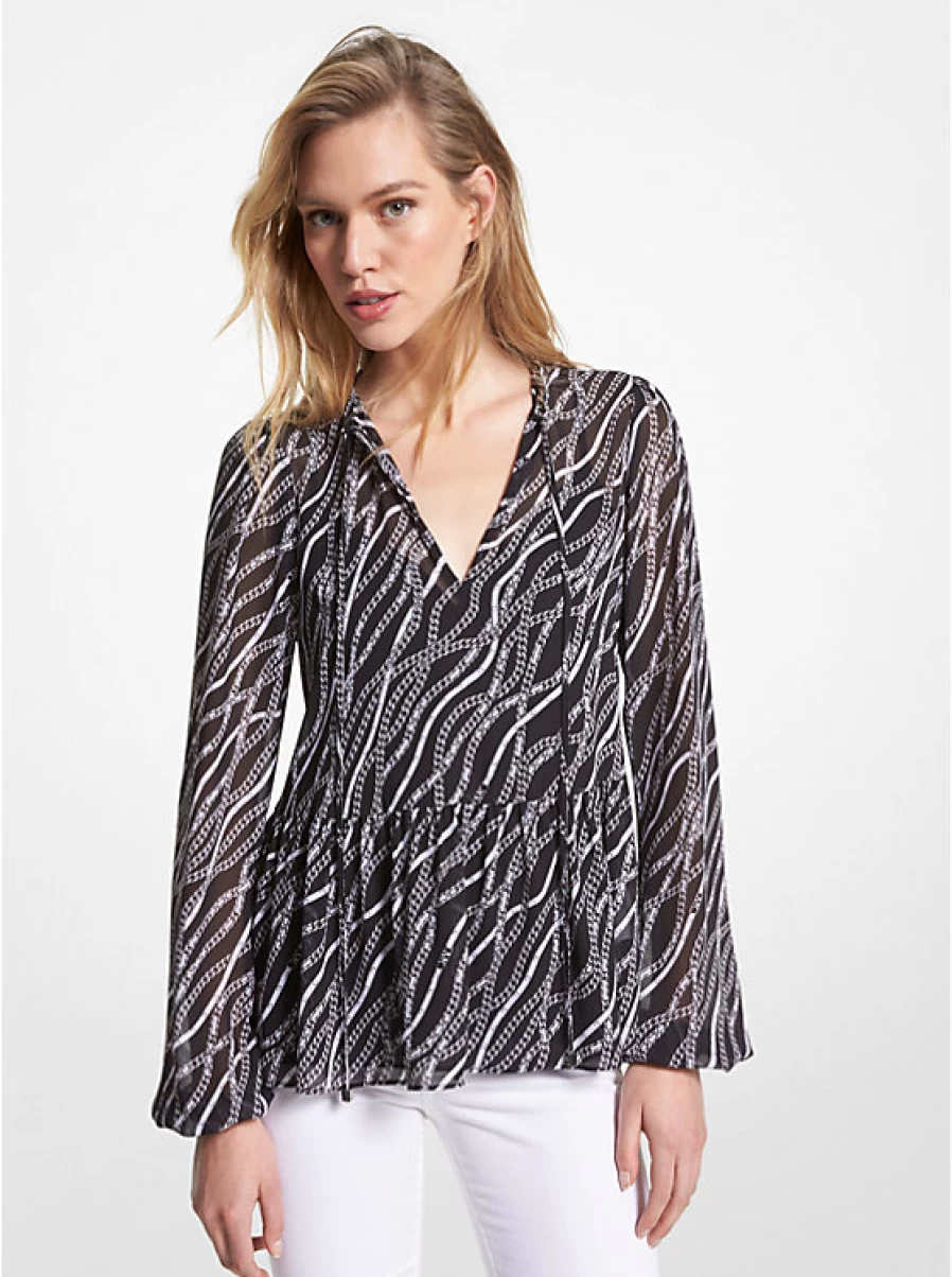 Michael Kors Women's Printed Georgette Crepe Tunic with Lace Detailing and Chain Accents