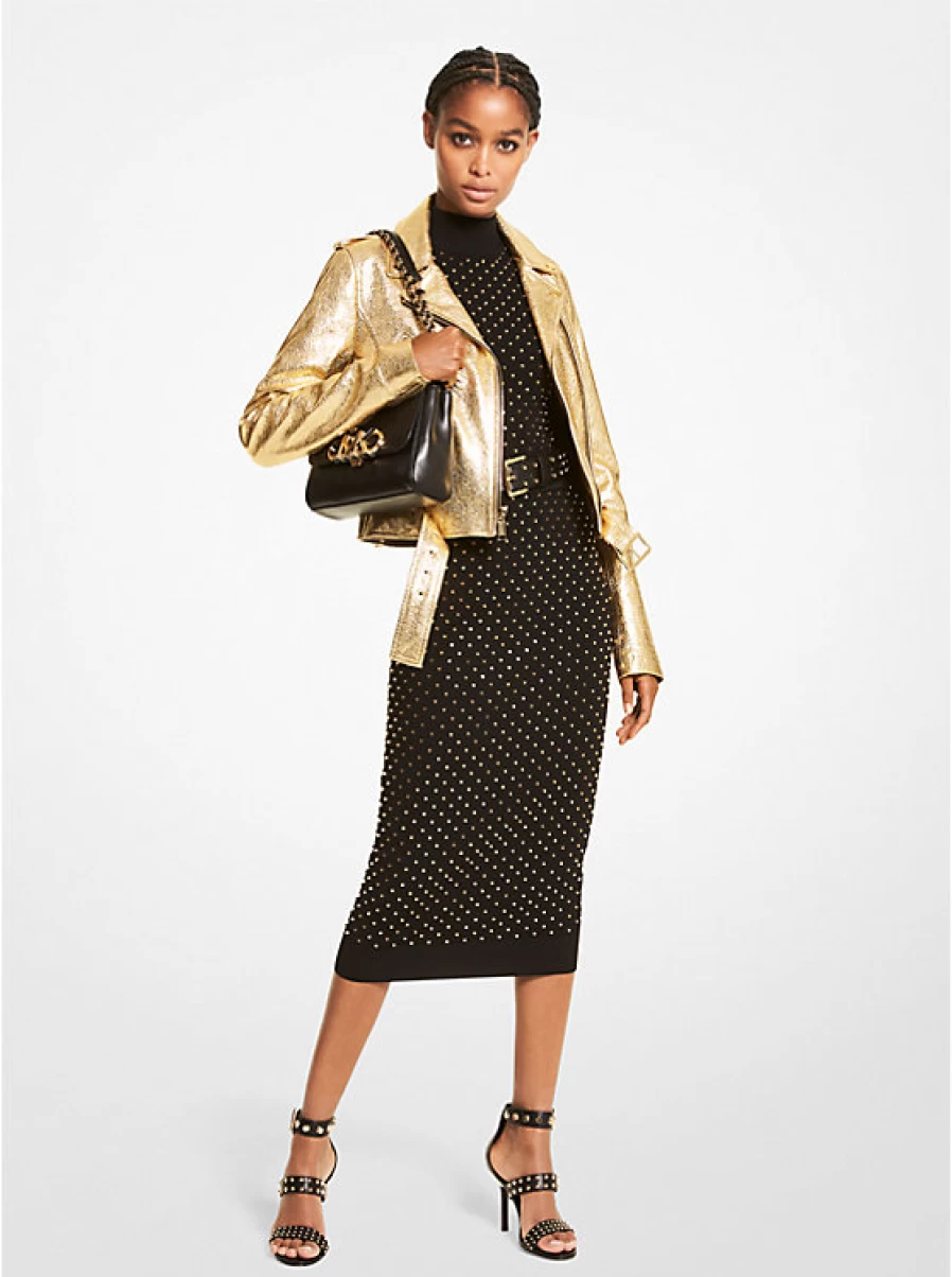 Michael Kors Women's Metallic Cracked Leather Biker Jacket for Motorcycle Riding