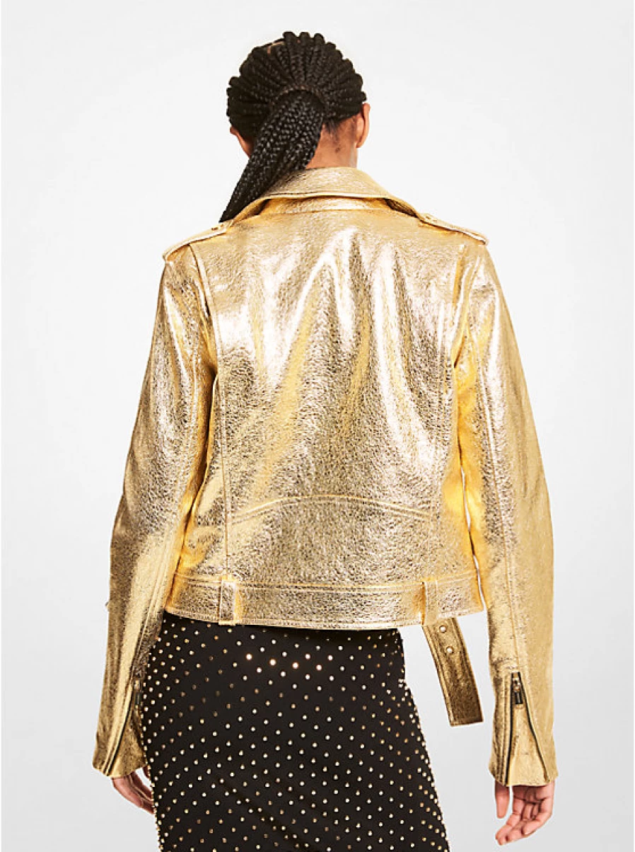 Michael Kors Women's Metallic Cracked Leather Biker Jacket for Motorcycle Riding