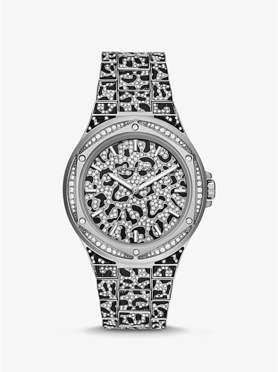 Michael Kors Women's Oversized Silver-Tone Watch with Paving Stone Accents and Animal Print Strap