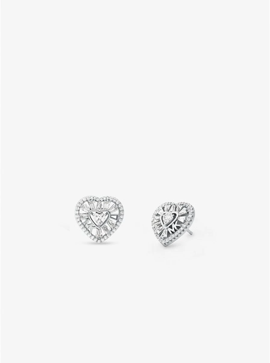 Michael Kors Women's Sterling Silver Heart-Shaped Stud Earrings with Precious Metal Plating & Pavé Stones