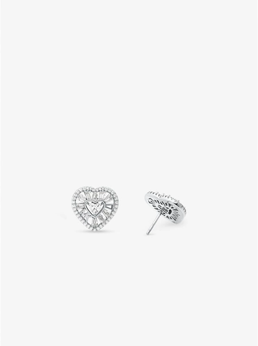 Michael Kors Women's Sterling Silver Heart-Shaped Stud Earrings with Precious Metal Plating & Pavé Stones