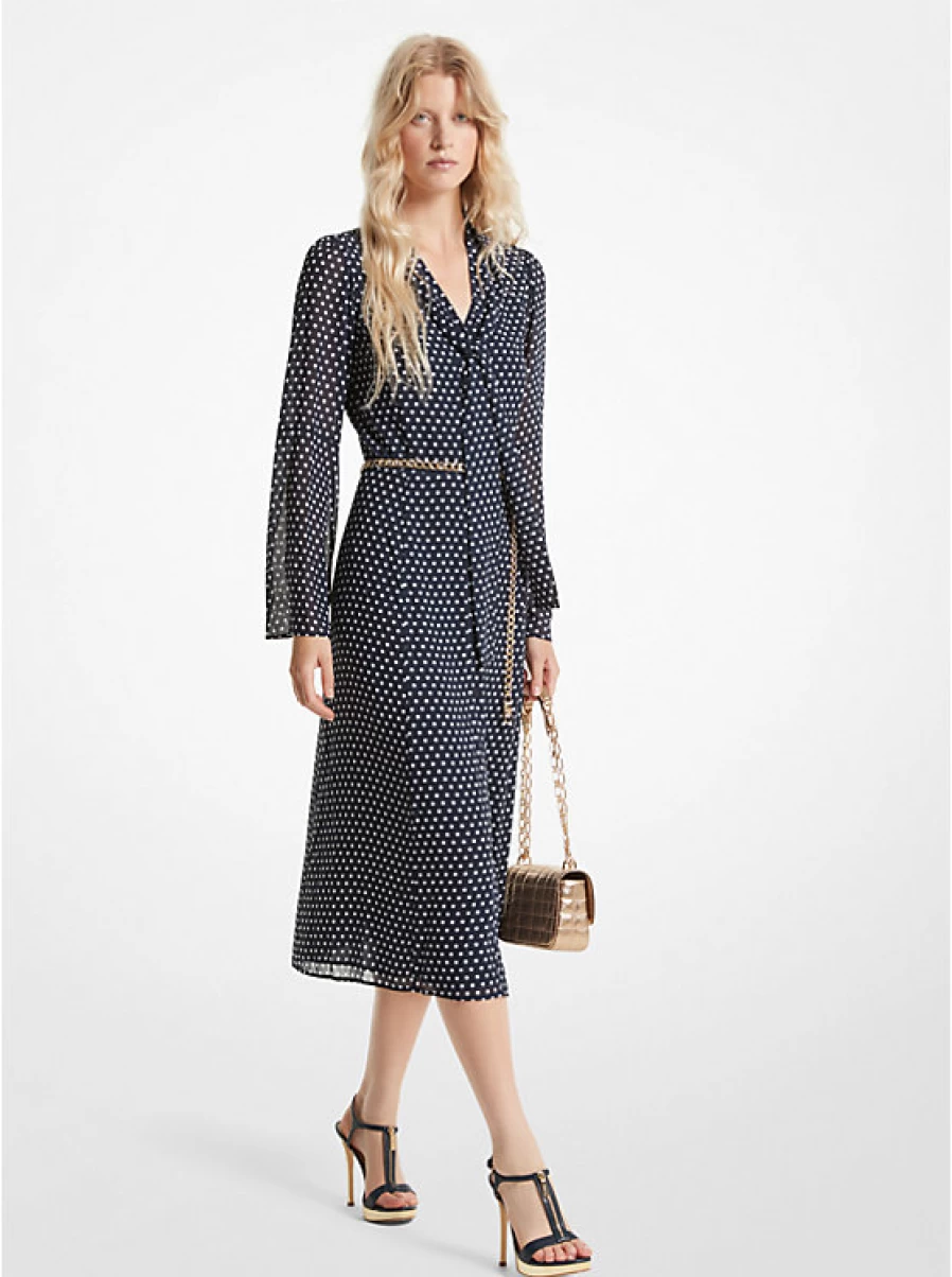 Michael Kors Women's Mid-Length Georgette Crepe Dress with Lace Detailing, Pea Pattern & Tie Collar