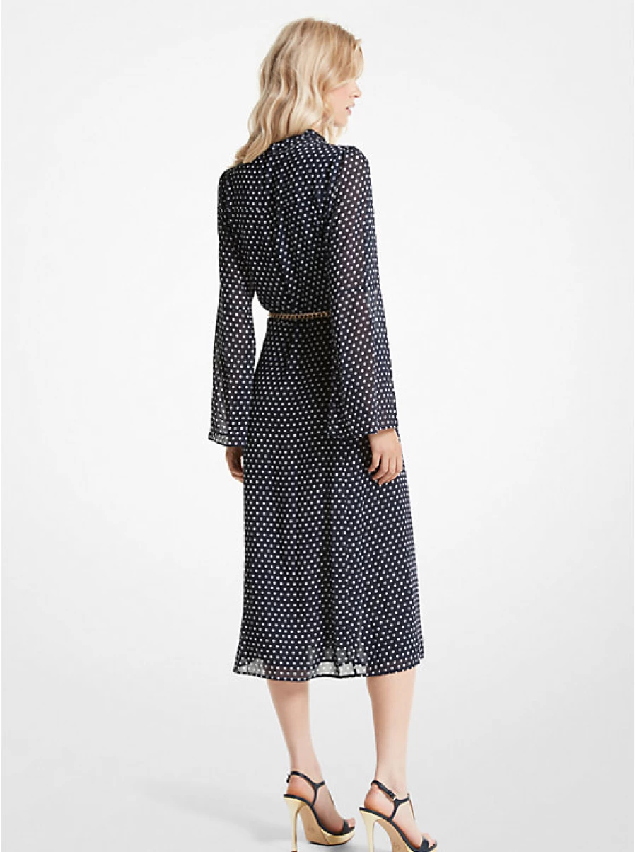 Michael Kors Women's Mid-Length Georgette Crepe Dress with Lace Detailing, Pea Pattern & Tie Collar
