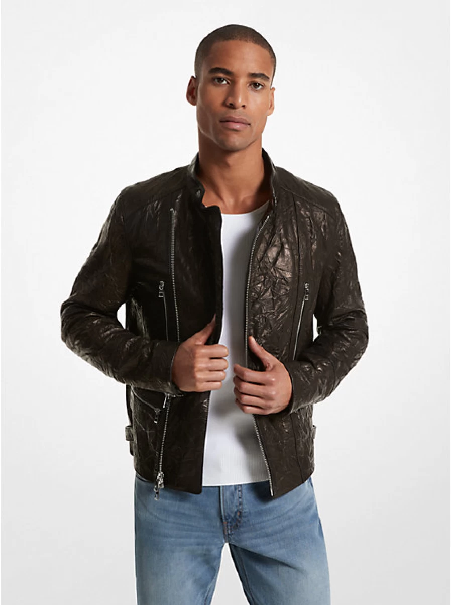 Michael Kors Men's Crinkled Leather Biker Jacket for Stylish Motorcycle Riding