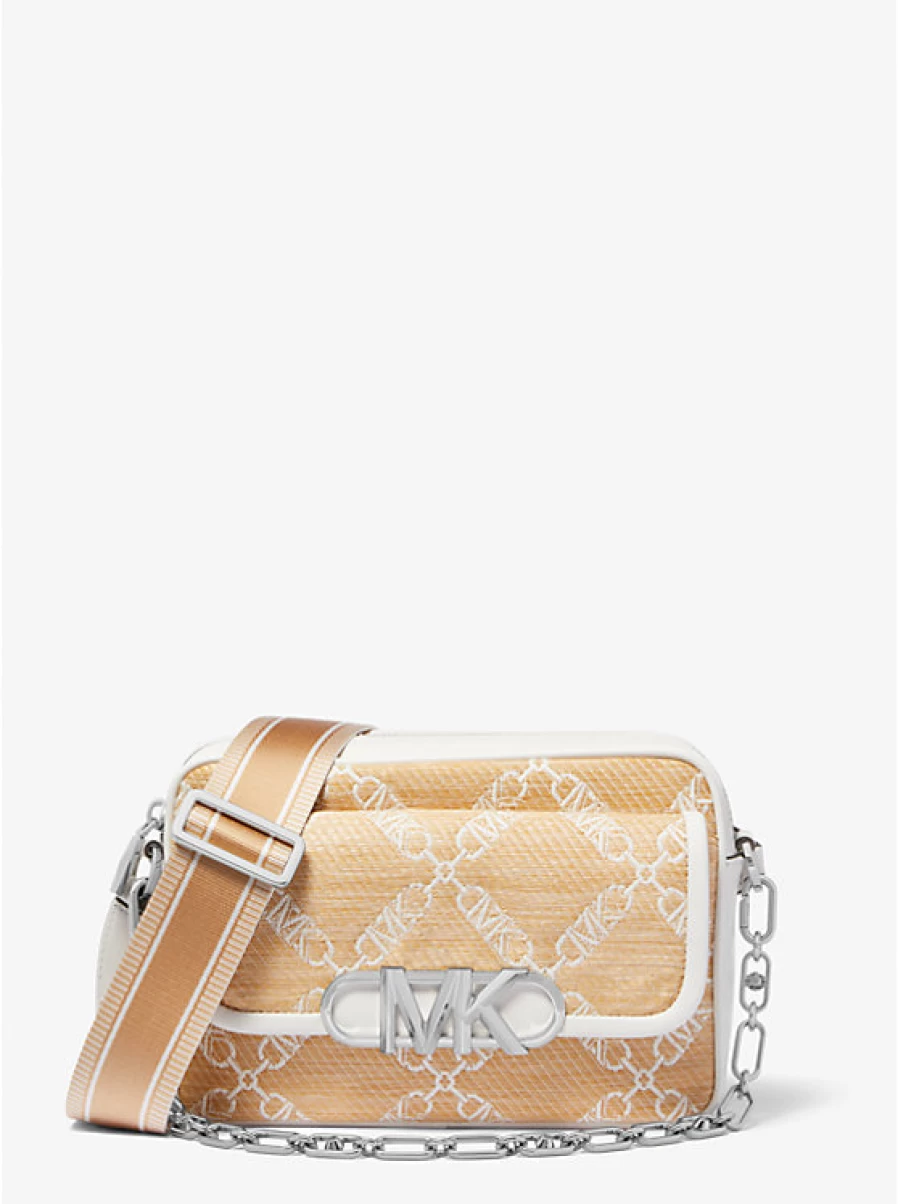 Michael Kors Women's Parker Jacquard and Straw Mid-Size Shoulder Bag with Empire Logo